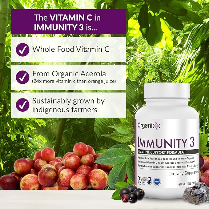 Organixx Immunity 3 Immune Support Supplement – Vitamin C, Zinc, Elderberry – Whole Food Immune Defense for Adults & Kids, Greater Absorption, Non GMO, 60 Capsules
