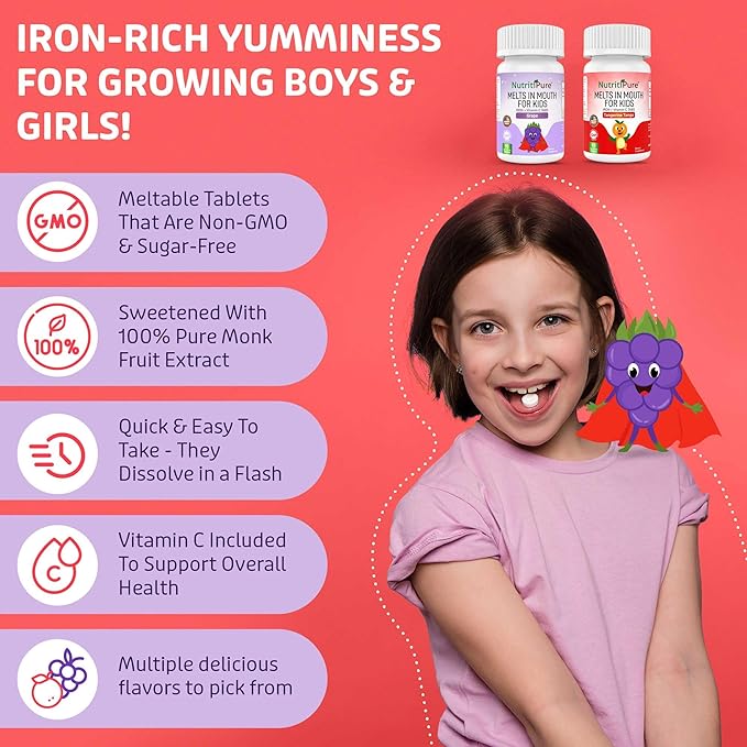 Kids Chewable Iron Supplement, Ferronyl® Carbonyl Iron 9 mg, Vitamin C 30 mg, Grape Flavor, 90 Tablets (1 Bottle)