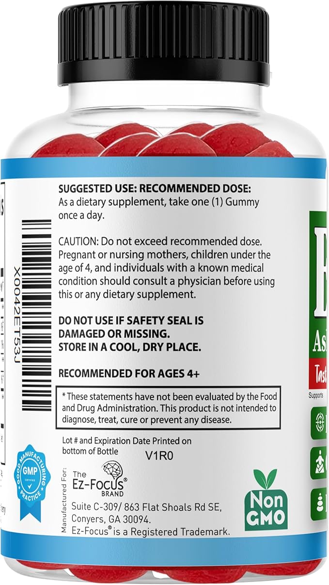 Advance Ashwagandha Root Gummies for Kids & Teens, Brain Supplements for Memory and Focus for Kids, Support Calm Mood, Anti Stress, Relaxation, Sleep, Energy, Low Sugar, 60 Gummy Vitamins