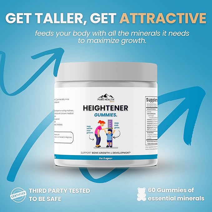 Heightener Gummies - Natural Height Growth Supplement for Kids, Teens and Adults to Increase Bone Strength and Grow Taller | Height Maximizer Pills with L-Arginine, Calcium & Zinc | 60 Gummy