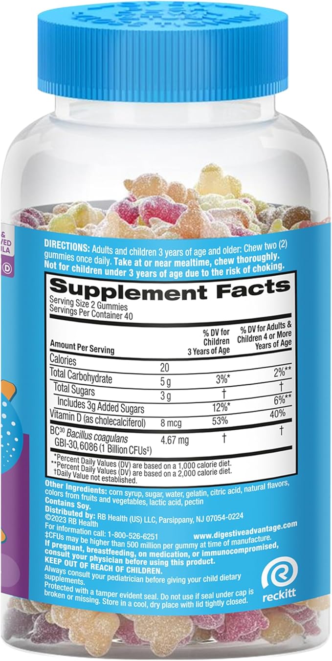 Digestive Advantage Daily Probiotic Gummy for Kids, Multi, Natural Fruit Flavours, 80.0 Count