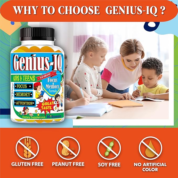 Genius IQ Kids Brain Supplements for Memory and Focus Omega 3-6-9, EPA DHA Gummy Vitamins, Brain Booster Calm Gummies,Supports Concentration, Clarity, Attention and Mood 60 Gummies