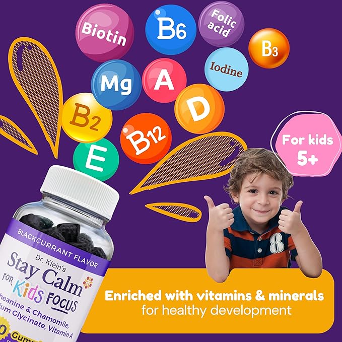 Dr. Klein's Stay Calm Kids Gummies – Magnesium Glycinate + Vitamin A, L-Theanine, Chamomile Extract – Promote Focus & Calm for Ages 5+ – Magnesium Gummies for Kids–Black Currant, Zero Sugar, 60 Count