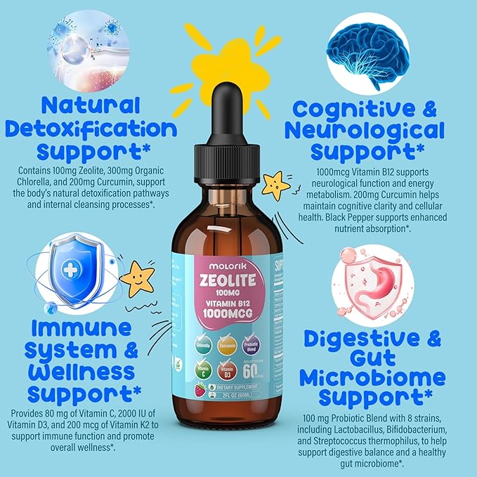 Zeolite Detox for Kids & Adults, Zeolite Liquid Drops with 300mg Chlorella, 200mg Curcumin, Vitamin Blend and Probiotic for Speech & Brain Health, Immune, Digestive, Energy, Berry Flavor, 60ML