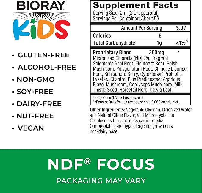BIORAY Kids NDF Focus, Citrus - 4 fl oz - Supports Cognitive Function, Enhances Clarity & Promotes Steady Energy Levels - Non-GMO, Vegetarian, Gluten Free - 2-4 Month Supply
