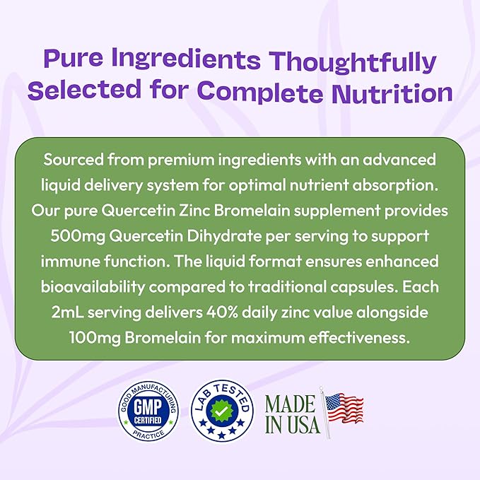 Quercetin with Bromelain & Zinc Liquid Drops - Immune Support for Adults & Kids | Ultra-Concentrated Bioflavonoids | Immune Defense | Cellular Health | Vegan | Non-GMO | Gluten Free | 2 Fl Oz