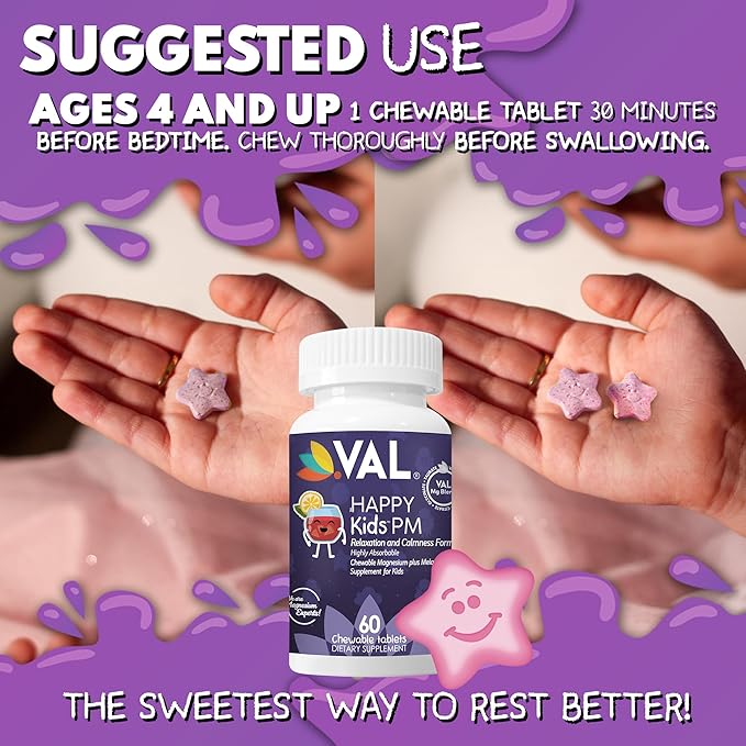 VAL Sugar-Free Calm Magnesium for Kids PM Chewable Tablets | Magnesium Glycinate, Citrate & Taurate | Melatonin & Vitamins B6 & C | Bedtime Support | Non-GMO | Blueberry Yogurt Flavor | 60 Count