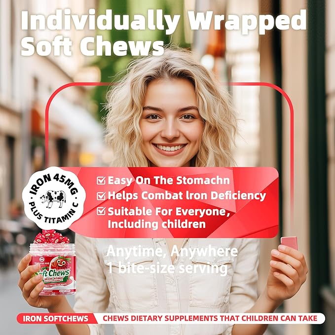 Chewable Iron Supplement for Women & Men and Kids - Strawberry Flavor, Iron Vitamin C Soft Chew for Max Absorption, Iron as Ferrous Fumarate, Ideal for Iron Deficiency, 2 Month Supply