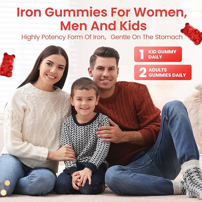 Iron Gummies for Women & Kids - Iron Supplement Gummies with Multivitamin for Blood Builder, Energy, Iron Deficiency & Anemia - Sugar Free Strawberry 58 ct