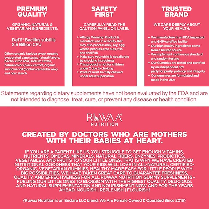 Kids Organic Probiotic Gummies for Digestive Health, Immune Support, Constipation, Bloating. 2.5 Billion CFU, Strawberry Flavor, Chewable Probiotics for Children Ages 4+, 30ct (1)