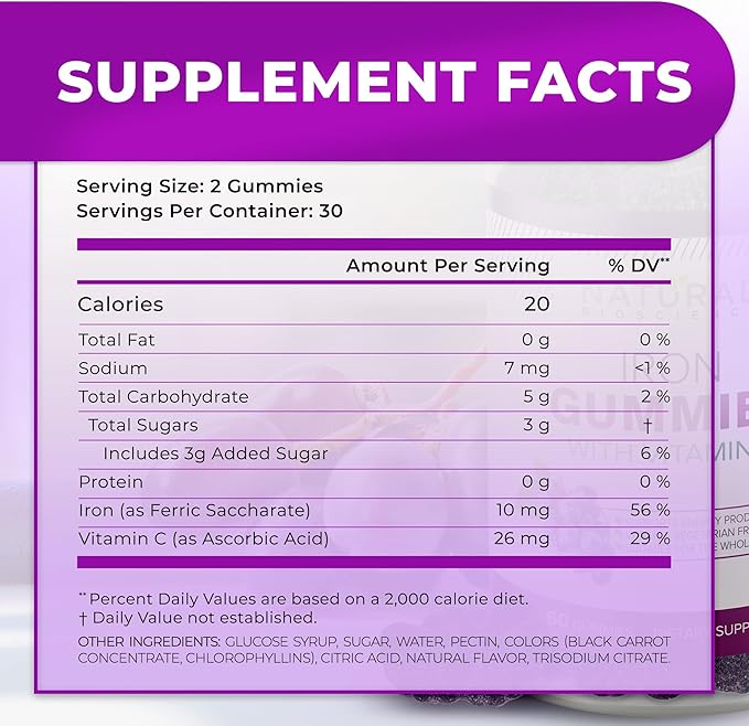 Iron Gummies with Vitamin C - Chewable Iron Supplement for Adults & Kids, Iron Deficiency Anemia, Red Blood Cell Support, Energy, Immune Function, Brain Health, Max Absorption, 60 Vegan Gummies