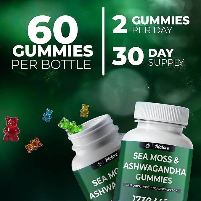 Sea Moss Gummies with Ashwagandha, Irish Sea Moss, Burdock Root, Bladderwrack - Gummies for Adults, Kids, Men, Women - Vegan, Gluten-Free