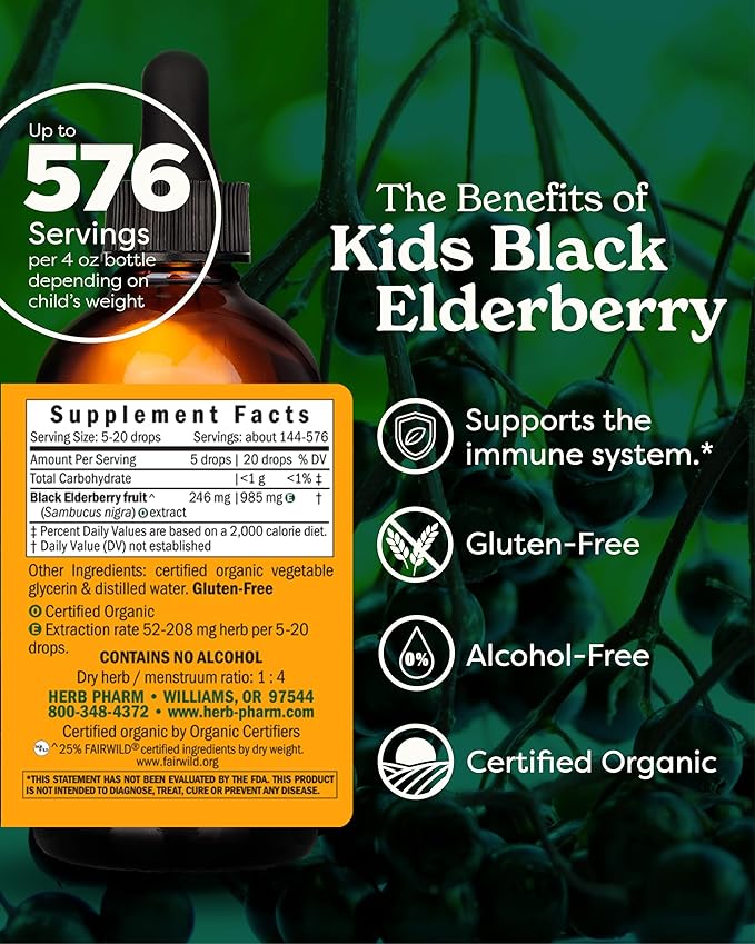 Herb Pharm Kids Certified-Organic Alcohol-Free Black Elderberry Glycerite Liquid Extract, 4 Ounce