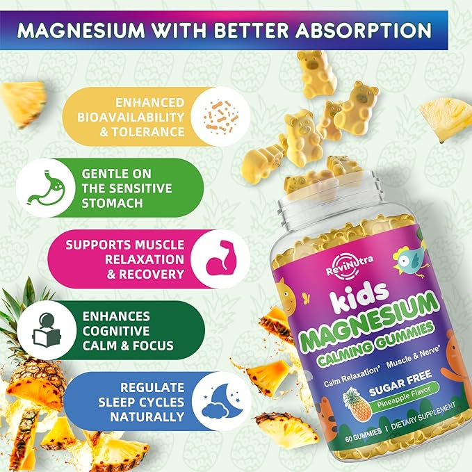 Kids Magnesium Gummies, Magnesium Glycinate Gummies for Kids & Adults with L-Theanine, Chamomile, Licorice, Vitamin D, B6 for Sleep, Relaxation, Brain & Muscle, Sugar Free Pineapple 60ct