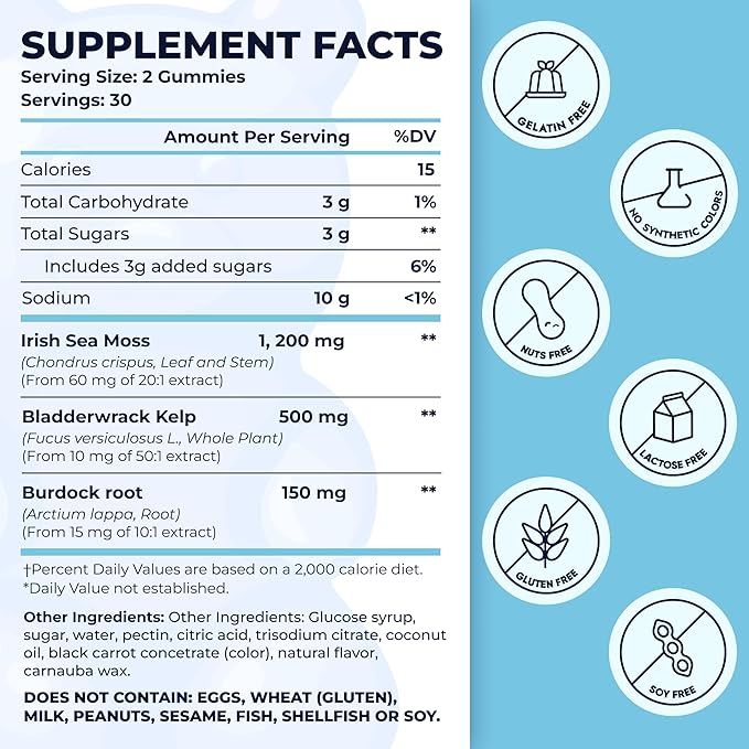 Irish Sea Moss Gummies with Burdock Root & Bladderwrack - Vegan Seamoss Supplement for Women, Men & Kids, Non-GMO, 60 Sea Moss Gummies