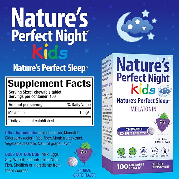 Nature's Perfect Night Kids | Kids Melatonin 1mg | 100 Chewable Tablets | Natural Grape Flavor | Sugar Free | Vegan | Gluten Free | Drug Free | Value Size