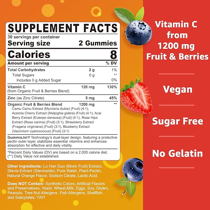 (2 Pack) Whole Food Vitamin C Gummies for Adults & Kids (Made in USA) Zero Sugar, Natural Antioxidants, Bioflavonoids, Organic Chewable Vitamin C Supplement from Berries & Fruits for Immune, Vegan