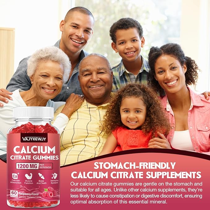 Calcium Citrate Gummies 1200mg for Adults & Kids - Bone & Teeth Support, Easy Absorption, Delicious Raspberry Flavor - Non-GMO, Gluten Free, Vegan - 60 Count