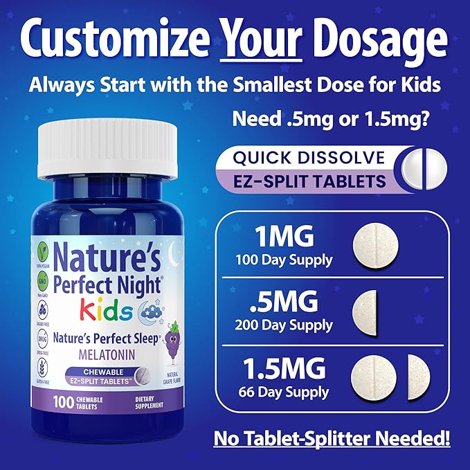 Nature's Perfect Night Kids | Kids Melatonin 1mg | 100 Chewable Tablets | Natural Grape Flavor | Sugar Free | Vegan | Gluten Free | Drug Free | Value Size