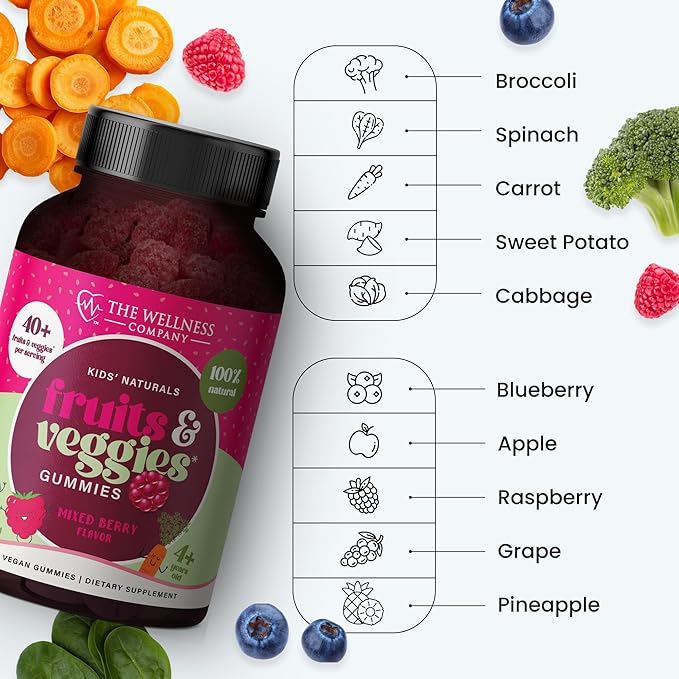 The Wellness Company Kids' Fruit & Veggie Gummy Supplement | 60 Gummies - 1 Month Supply | Delivers Complete Daily Dose of Recommended Fruits and Veggies | Vegan, Non-GMO, Gluten-Free