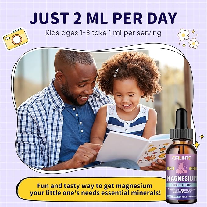 Kids Magnesium Liquid Drops-Magnesium Glycinate Liquid for Kids, L-Threonate Supplement-w/L-theanine, Omega-3, Vitamin B6, D3 - for Sleep, Relaxation, Brain, Bones - 2 Fl Oz Children's Magnesium Calm