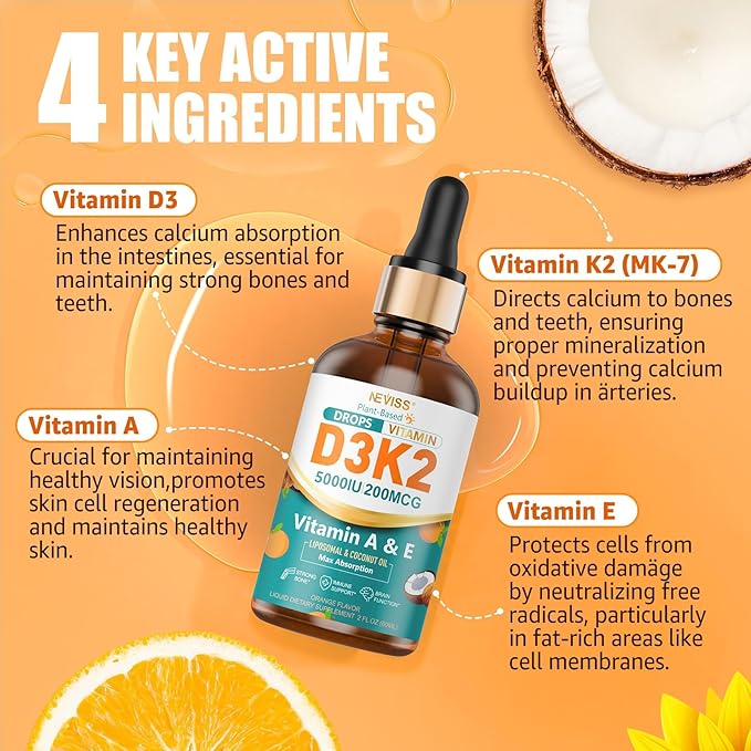Vitamin D3 Drops for Adults & Kids, Liposomal Vitamin D3 K2 MK-7 w/ Vitamin A & E - High Absorption Liquid K2 D3 Vitamin Supplement for - Calcium Absorption, Strong Bones, Teeth & Immune Health 2 Pack