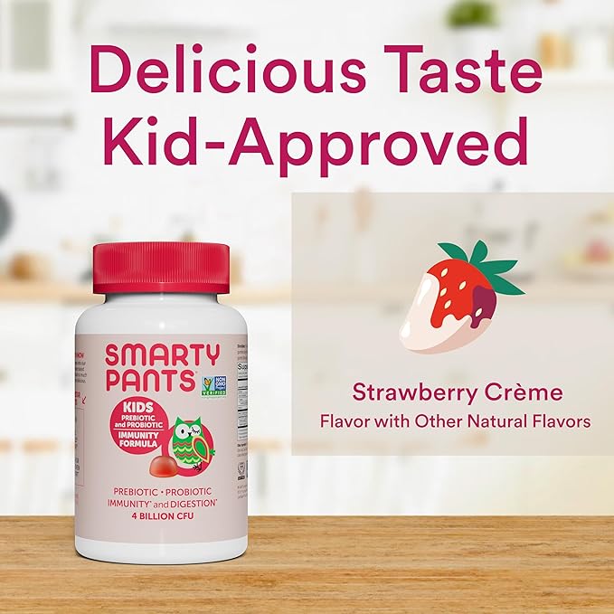 SmartyPants Kids Probiotic & Prebiotic Gummies for Digestive Health: 6 Billion CFU Gut Health Supplement, Clinically Studied Prebiotic for Immune Support, Strawberry, 60 Count (30 Day Supply)