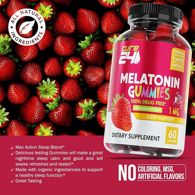 Kids Melatonin Gummy, Effective 1MG Sleep Gummies Supplement for Children 3+, Drug-Free, Natural Fruity Strawberry Flavor, Made in USA