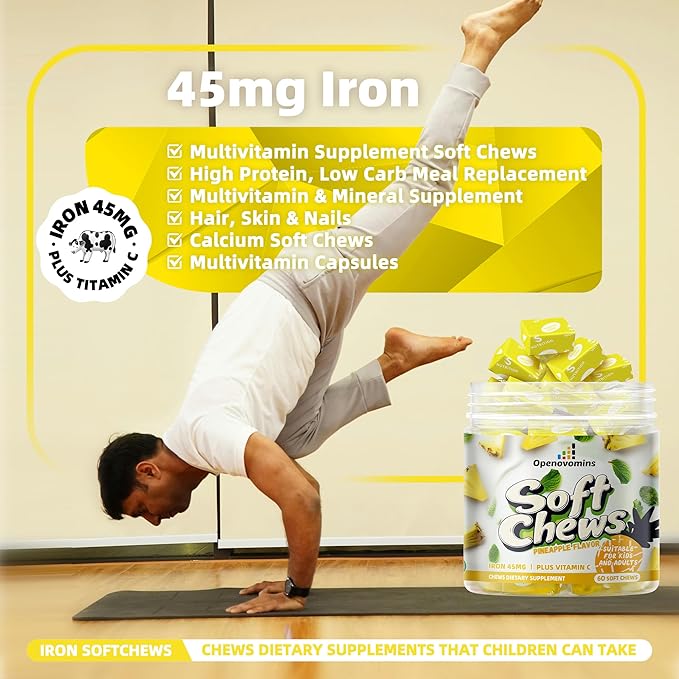 Iron Supplement Chews with Vitamin C for Women Men and Kids, Natural Vegan Iron Soft Chew with Vitamin B6,B12,D, Calcium & Zinc - Energy Support, 60 Pineapple SoftChews,2 Month Supply