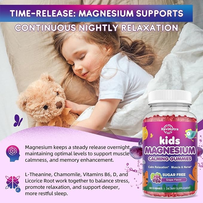 Kids Magnesium Glycinate Gummies - Magnesium Supplement Gummies with L-Theanine, Chamomile, Licorice, Vitamin B6, D for Kids & Adults Sleep, Stress, Muscle Relief & Nerve Bone - Sugar Free Grape 60ct