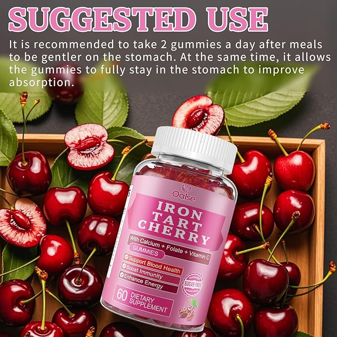 Tart Cherry Iron Supplement for Women & Men, Iron Gummies with Calcium, Zinc, Folate & Vitamin C & B12 for Immune Support, (60 Count) - Sugar Free,Vegan (Tart Cherry Flavor)