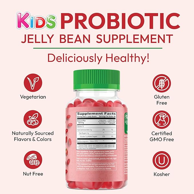Probiotic Jelly Bean Gummies for Kids, Probiotic Supplements for Digestive Health, Nutritional Vegetarian Supplements, 120 Strawberry Blast Jelly Beans, Kosher