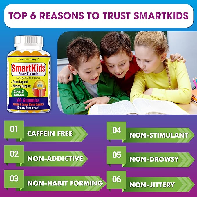 Smartkids Brain Booster Focus Gummies for Kids & Teens, Omega 3 DHA Gummy Vitamins, Nootropics Brain Support Supplement, Memory Supplement for Brain (1 Bottle) 60 Gummies