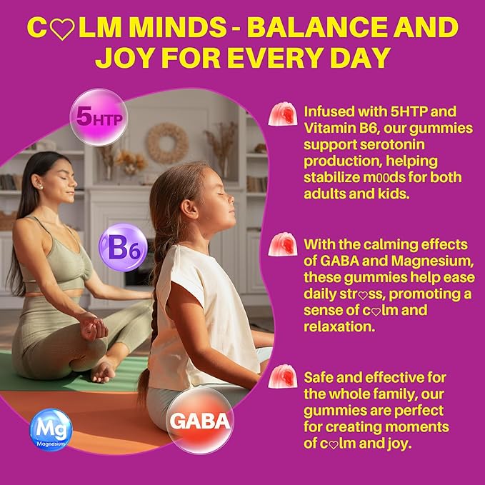 5HTP Gummies for Adults & Kids 8+, Melatonin Free Gummies with Magnesium Glycinate, GABA, L-Glycine, Ashwagandha, Vitamin B6 for Delicious Zzzs, Brain & Muscle Relaxation, 0 Sugar 60 Count (Pack of 1)