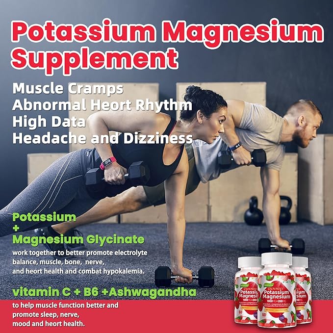 Potassium Magnesium Gummies,High Absorption Magnesium Glycinate,B6,D3,Potassium Citrate for Leg Cramps,Muscle,Electroyte for Adults Kids,Sugar-Free, 60 Gummies (Strawberry Flavor)