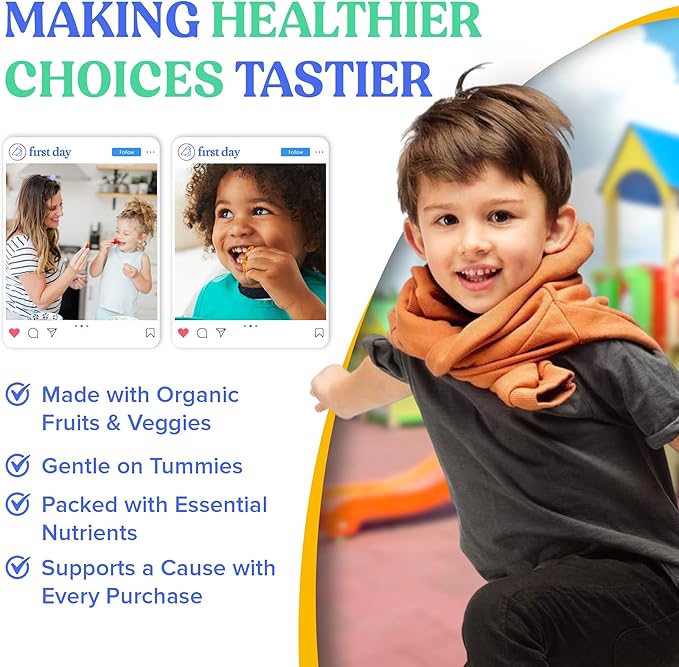 First Day Kids Multivitamin Gummies - Multivitamin for Kids Ages 4+, Delicious Strawberry & Orange, Beta Carotene, Fruit & Vegetables - Childrens Vitamins for Immunity & Brain Function - 30 Day Supply
