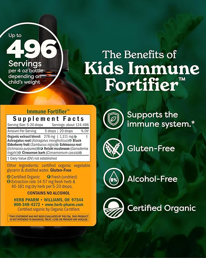 Herb Pharm Kids Certified-Organic Alcohol-Free Immune Fortifier Liquid Herbal Formula, 4 Ounce