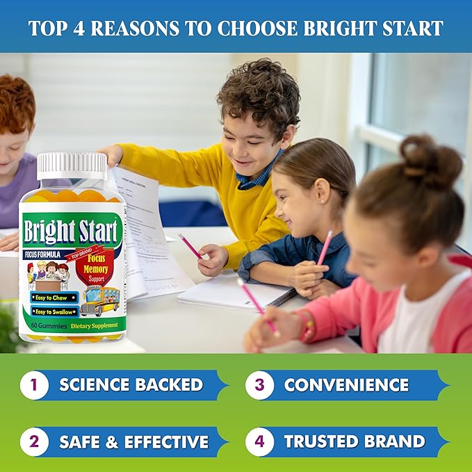 BrightStart Brain Focus Vitamins for Kids & Teens, Attentive Child Supplement Omega 3 for Kids, Focus Booster Nootropic Supplement Support Attention, Concentration, Cognitive Health 60 Gummy Vitamins