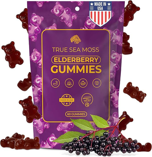 Sea Moss Elderberry Gummies for Adults & Kids - Magnesium, Burdock Root & Bladderwrack – Supports Immune, Boost Energy, Skin & Hair Health, Detox – Made in USA - 60 Vegan Gummies