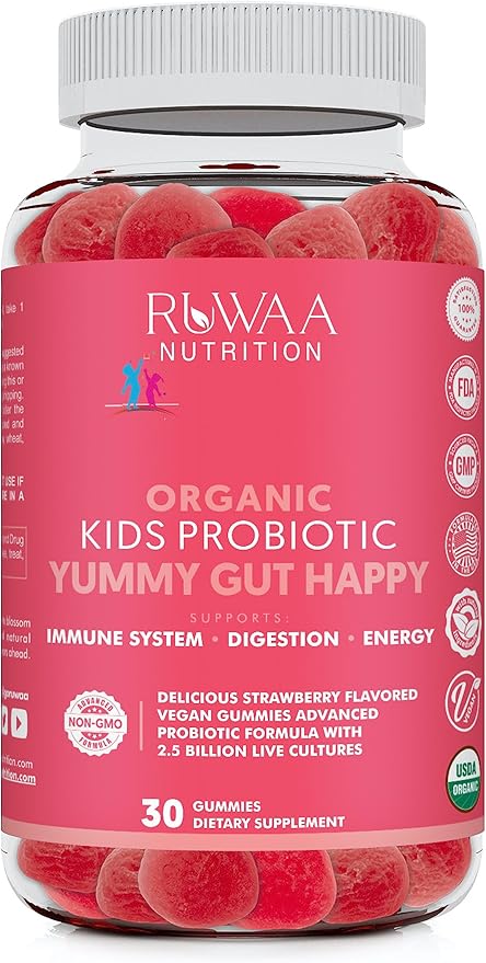 Kids Organic Probiotic Gummies for Digestive Health, Immune Support, Constipation, Bloating. 2.5 Billion CFU, Strawberry Flavor, Chewable Probiotics for Children Ages 4+, 30ct (1)