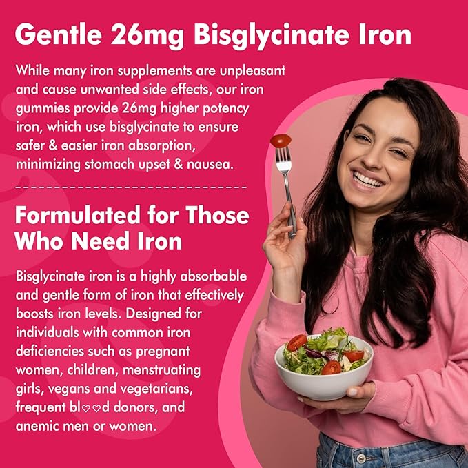 Vegan Iron + Beet Root Gummies, Iron Supplement for Women 26mg, w/Vitamin C Folate B12 Zinc, for Iron Deficiency, Energy Boost, Non-Constipating, No After Taste & Strawberry Flavor, Sugar-Free 60Cts