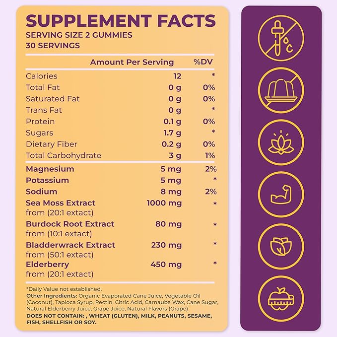 Sea Moss Elderberry Gummies for Adults & Kids - Magnesium, Burdock Root & Bladderwrack – Supports Immune, Boost Energy, Skin & Hair Health, Detox – Made in USA - 60 Vegan Gummies