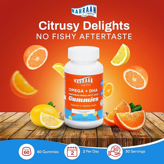 Halal Omega 3 for Adults & Kids - Omega 3 Vegetarian Gummies with Lemon & Orange Flavor - Adults and Kids Gummies - 60 Count