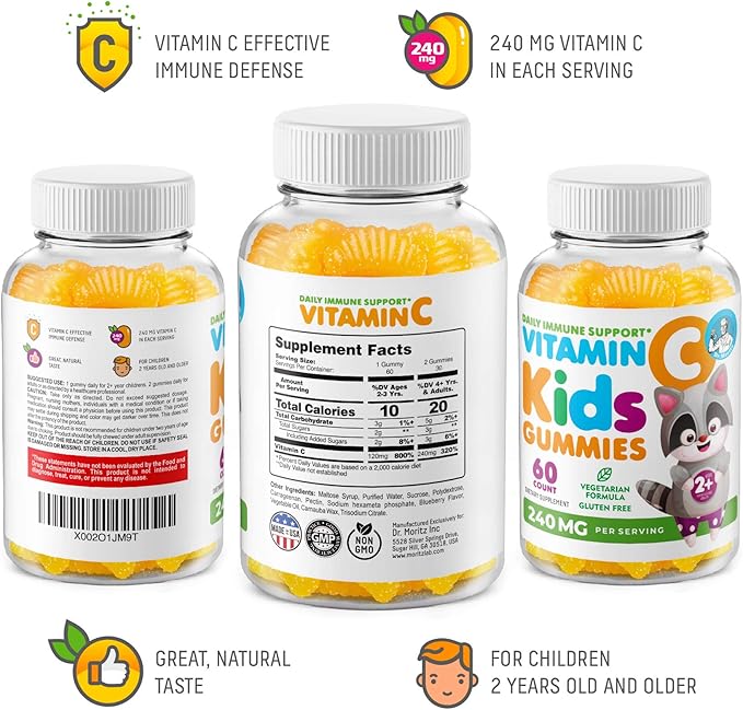 Vitamin C Gummies 120 count for Kids & Adults 240 mg and Magnesium 200 mg Gummies - Immune Support Low-Sugar Chewable Gummy Vitamins for Toddlers with Magnesium Calm Chews for Kids & Adults Sugar-Free