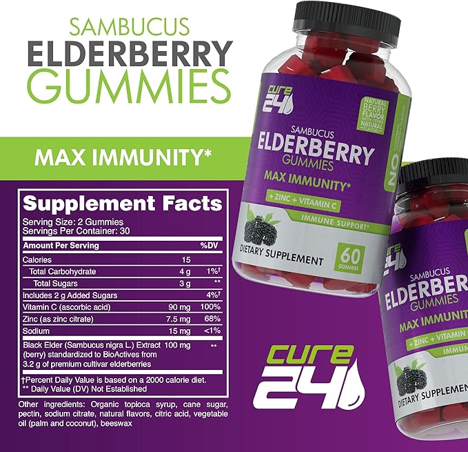 Sambucus Elderberry Gummies + Vitamin C + Zinc for Kids & Adults, X3 Immune Support, Natural Flavors + Ingredients, Vegan, Non-GMO, Made in USA (60)