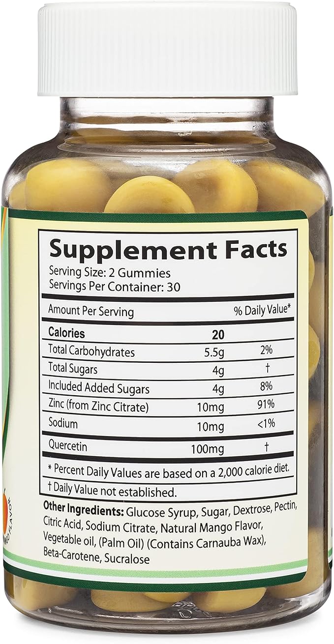 Quercetin Gummies with Zinc (100mg of Quercetin and 91% Daily Zinc per Serving) 60 Mango Flavored Chewable Immune Support Gummies for Adults and Kids (Non-GMO and Gluten Free) by Double Wood