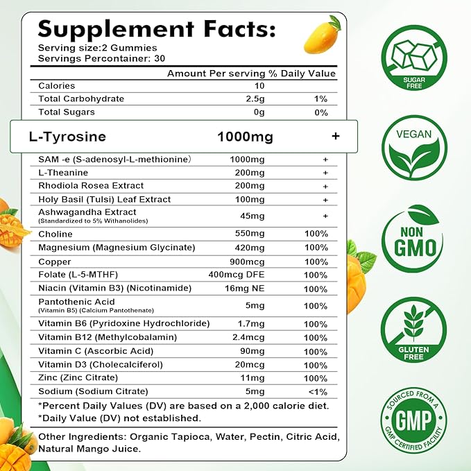 L-Tyrosine Gummies for Adults and Kids - 1000mg L-Tyrosine Supplement Focus Gummies for Brain, Mood, Energy Support, Vegan & Gluten-Free, Mango Flavor, 120 Count