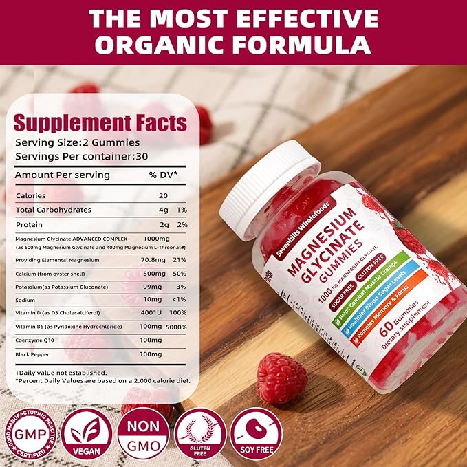 Magnesium Glycinate Gummies 1000mg - Sugar Free Magnesium Potassium Supplement for Relaxation, Calm, Stress Relief, and Sleep Support for Adults & Kids - 60 Raspberry Gummies