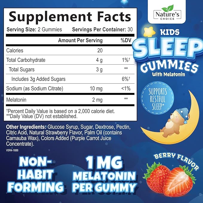 Kids Melatonin Gummy 1mg, Sleep Gummies for Children Ages 4 and Up, Non-Habit Forming Sleep Supplements, Chewable Supplement for Restful Sleep Support, Natural Berry-Flavored - 60 Gummies