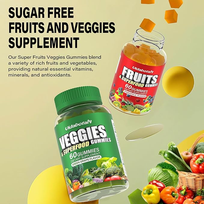 Super Fruits and Veggies Supplement - Super Fruits and Vegetables Gummies for Women,Men and Kids, Sugar Free Vegan Gummies for Nature Energy Balance, 60 Count(Pack of 2)